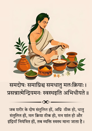 समदोषः समाग्निश्च समधातुमलक्रियाः। प्रसन्नात्मेन्द्रियमनः स्वास्थ्यं इत्यभिधीयते॥ | Aayurveda posters