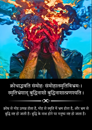 क्रोधाद्भवति संमोहः संमोहात्स्मृतिविभ्रमः।  स्मृतिभ्रंशाद् बुद्धिनाशो बुद्धिनाशात्प्रणश्यति। | bhagvat geeta poster
